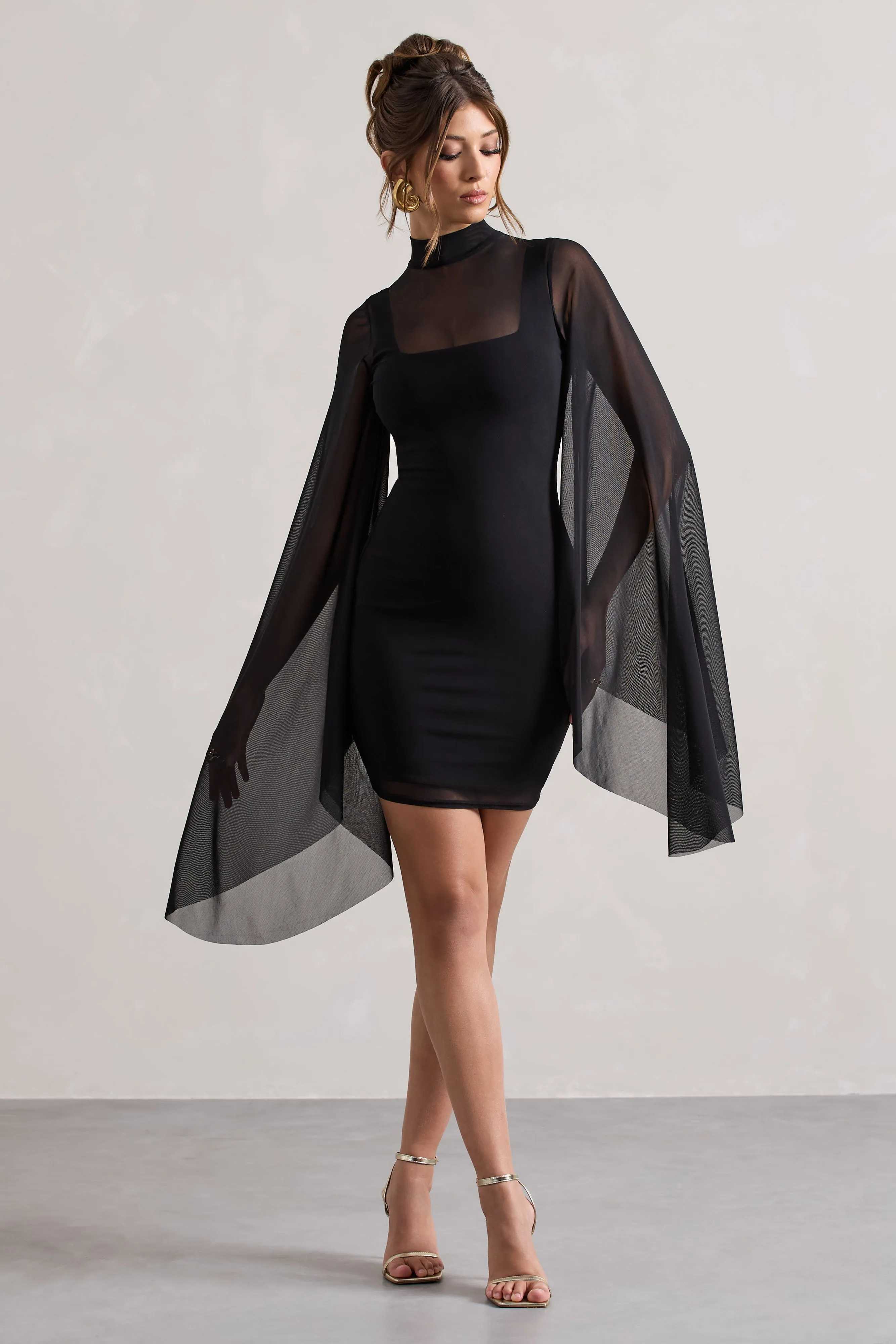 Jenny | Black Mesh High-Neck Cape-Sleeve Mini Dress