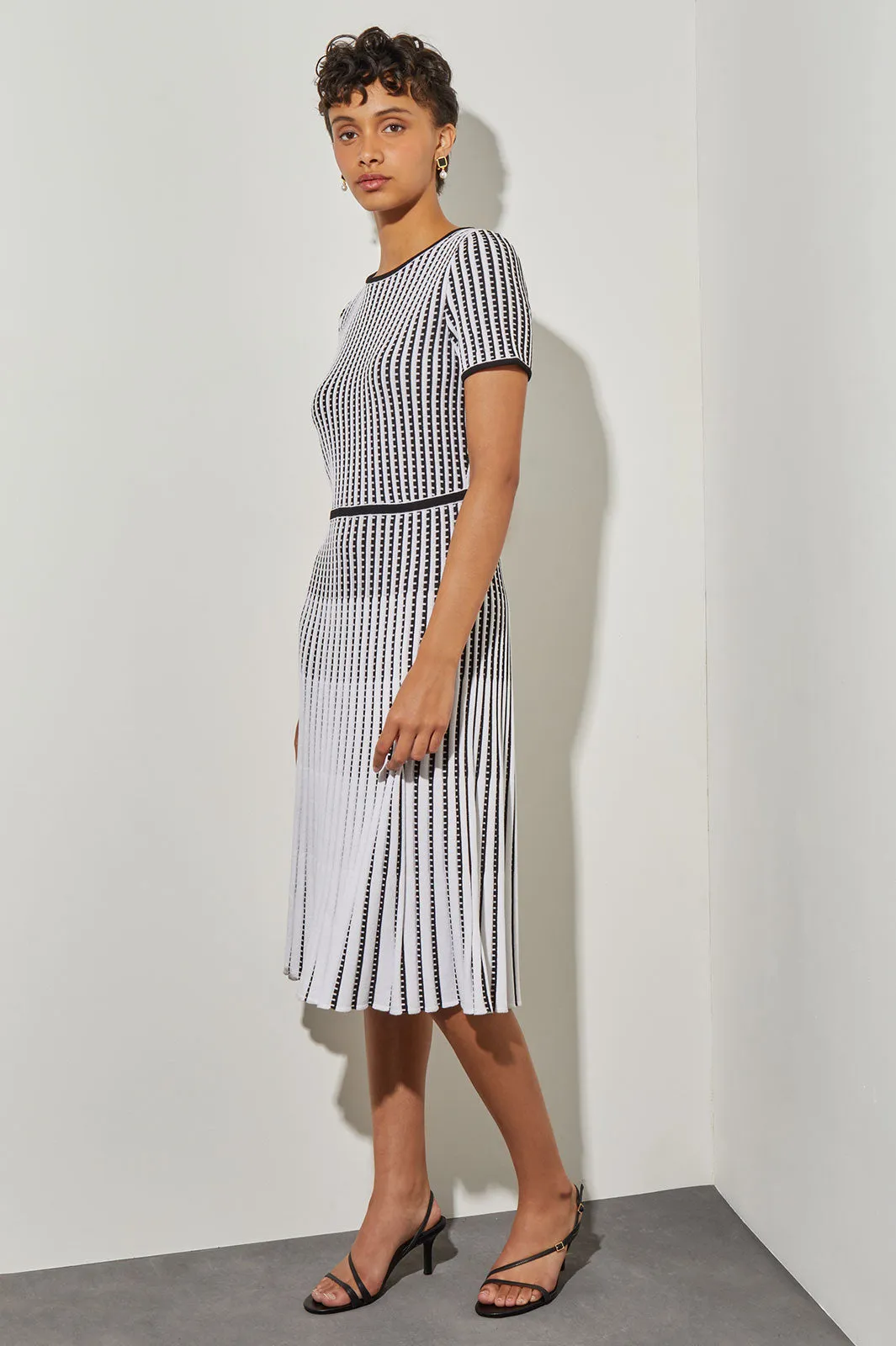 Jewel Neck Striped Flare Soft Knit Dress, White & Black