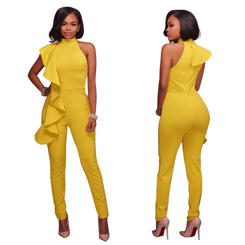 Joskaa Ruffles Turtleneck Office Ladies Formal Long Jumpsuits Women Elegant Sleeveless Off Shoulder Overalls Slim Pencil Femme Jumpsuit