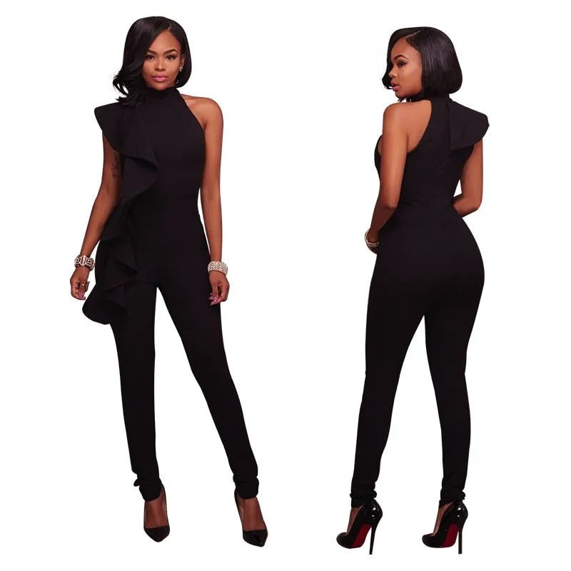 Joskaa Ruffles Turtleneck Office Ladies Formal Long Jumpsuits Women Elegant Sleeveless Off Shoulder Overalls Slim Pencil Femme Jumpsuit