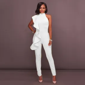 Joskaa Ruffles Turtleneck Office Ladies Formal Long Jumpsuits Women Elegant Sleeveless Off Shoulder Overalls Slim Pencil Femme Jumpsuit