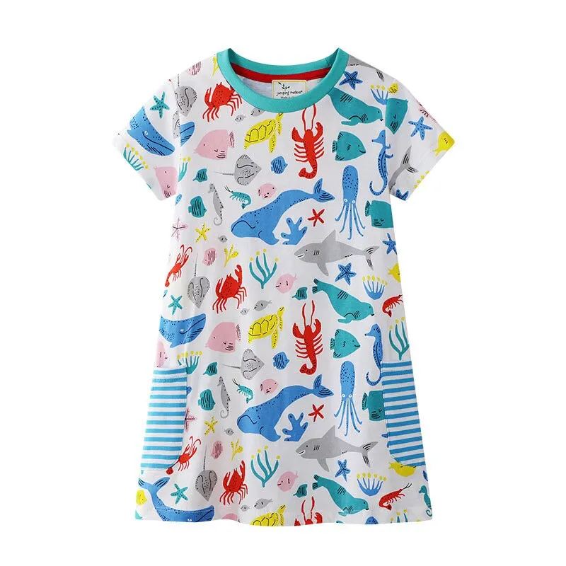 Jumping Meters New Rainbow Baby Dress Clothes Cotton Print Cartoon Characters 2019 Unicorns Kids Girls Dresses Summer Child Wear