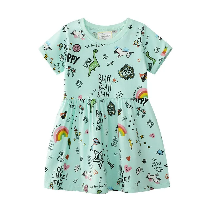 Jumping Meters New Rainbow Baby Dress Clothes Cotton Print Cartoon Characters 2019 Unicorns Kids Girls Dresses Summer Child Wear