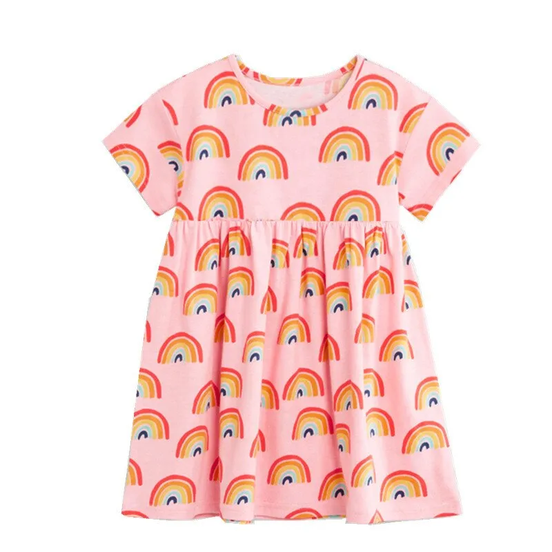 Jumping Meters New Rainbow Baby Dress Clothes Cotton Print Cartoon Characters 2019 Unicorns Kids Girls Dresses Summer Child Wear