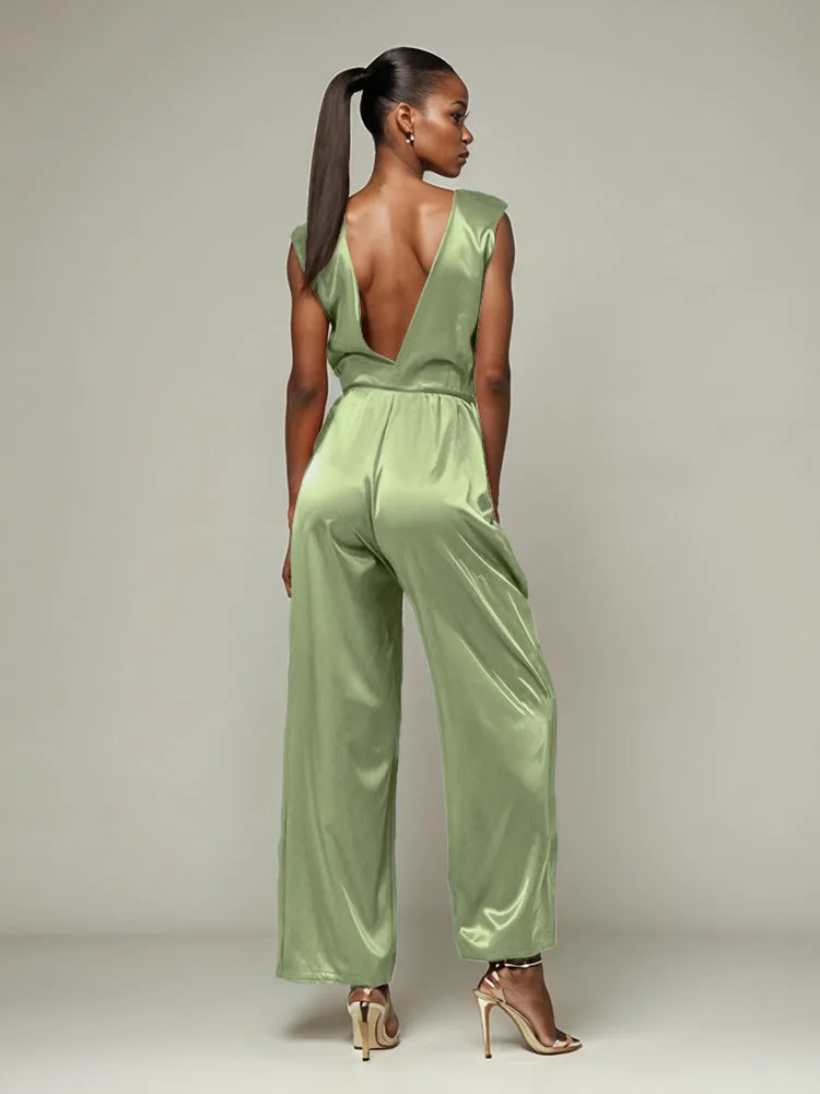 Jumpsuit/Pantsuit V-Neck Sleeveless Soft Satin Tie Mother Of The Bride Dress Pants Suits