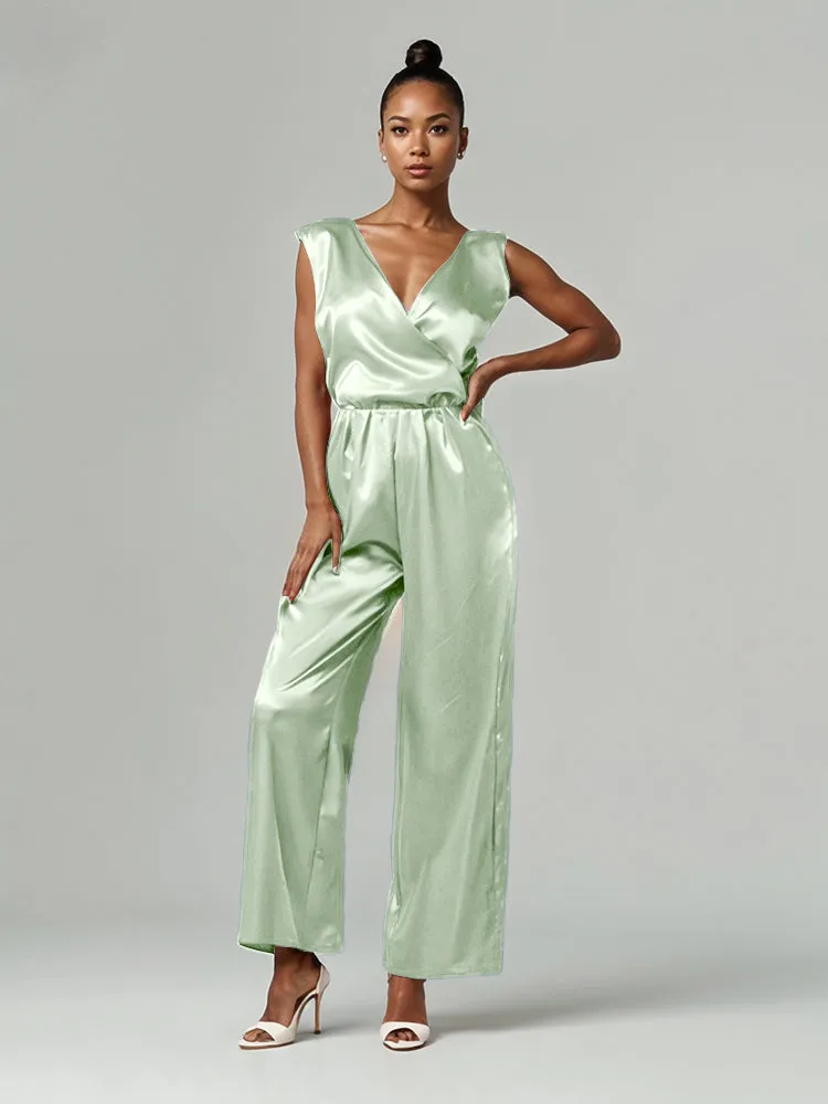 Jumpsuit/Pantsuit V-Neck Sleeveless Soft Satin Tie Mother Of The Bride Dress Pants Suits