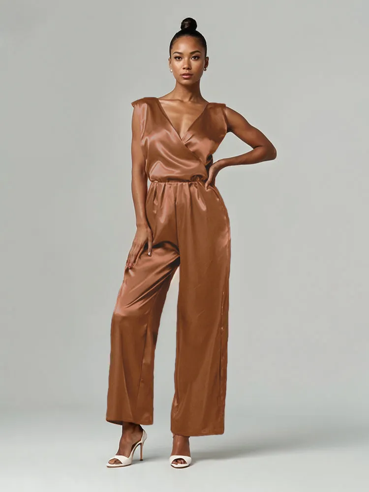 Jumpsuit/Pantsuit V-Neck Sleeveless Soft Satin Tie Mother Of The Bride Dress Pants Suits