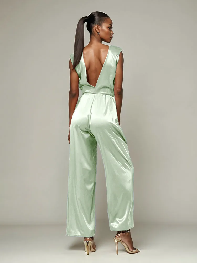 Jumpsuit/Pantsuit V-Neck Sleeveless Soft Satin Tie Mother Of The Bride Dress Pants Suits