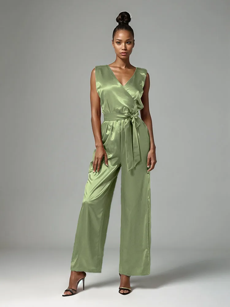 Jumpsuit/Pantsuit V-Neck Sleeveless Soft Satin Tie Mother Of The Bride Dress Pants Suits