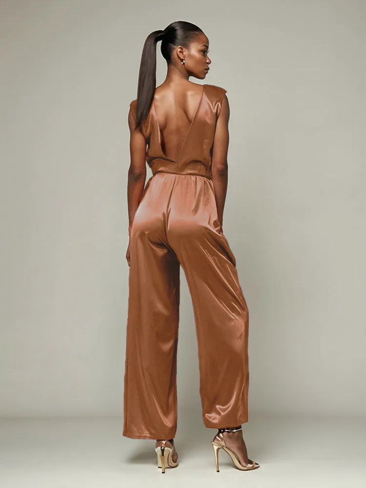 Jumpsuit/Pantsuit V-Neck Sleeveless Soft Satin Tie Mother Of The Bride Dress Pants Suits