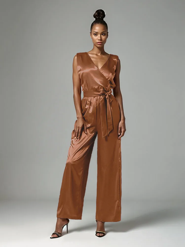 Jumpsuit/Pantsuit V-Neck Sleeveless Soft Satin Tie Mother Of The Bride Dress Pants Suits