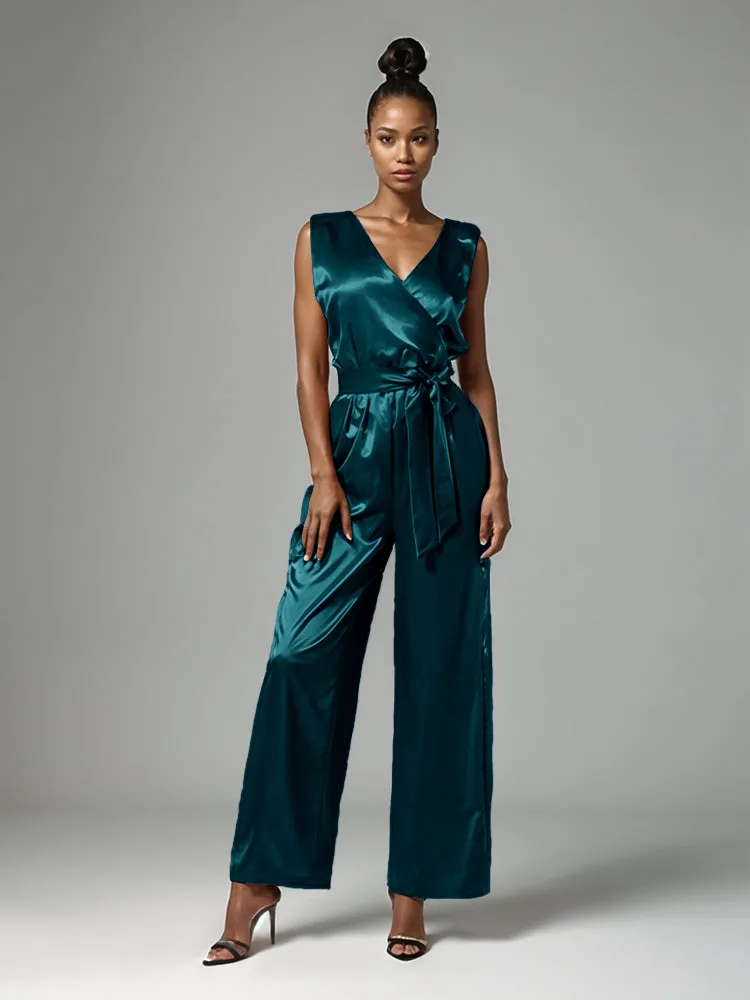 Jumpsuit/Pantsuit V-Neck Sleeveless Soft Satin Tie Mother Of The Bride Dress Pants Suits