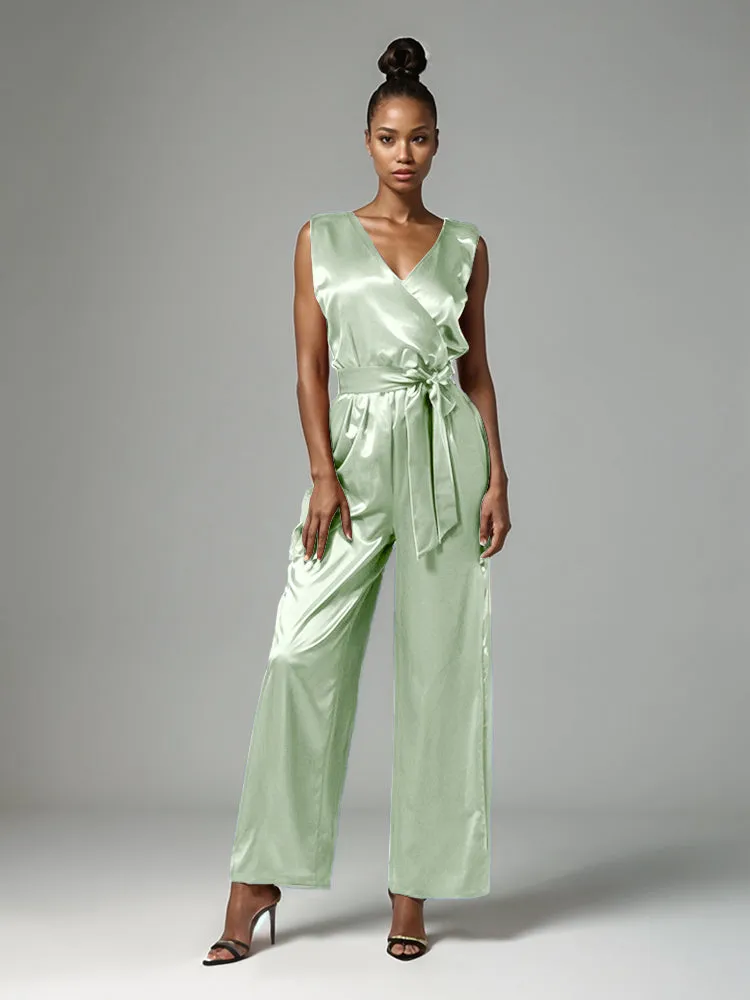 Jumpsuit/Pantsuit V-Neck Sleeveless Soft Satin Tie Mother Of The Bride Dress Pants Suits