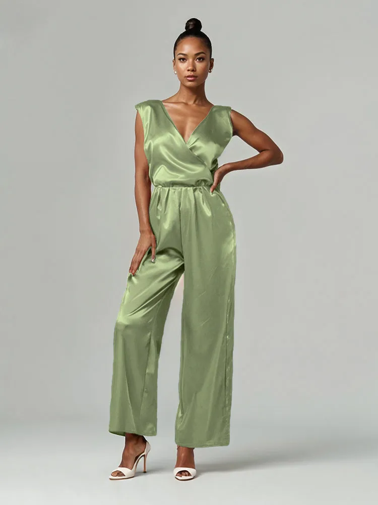 Jumpsuit/Pantsuit V-Neck Sleeveless Soft Satin Tie Mother Of The Bride Dress Pants Suits