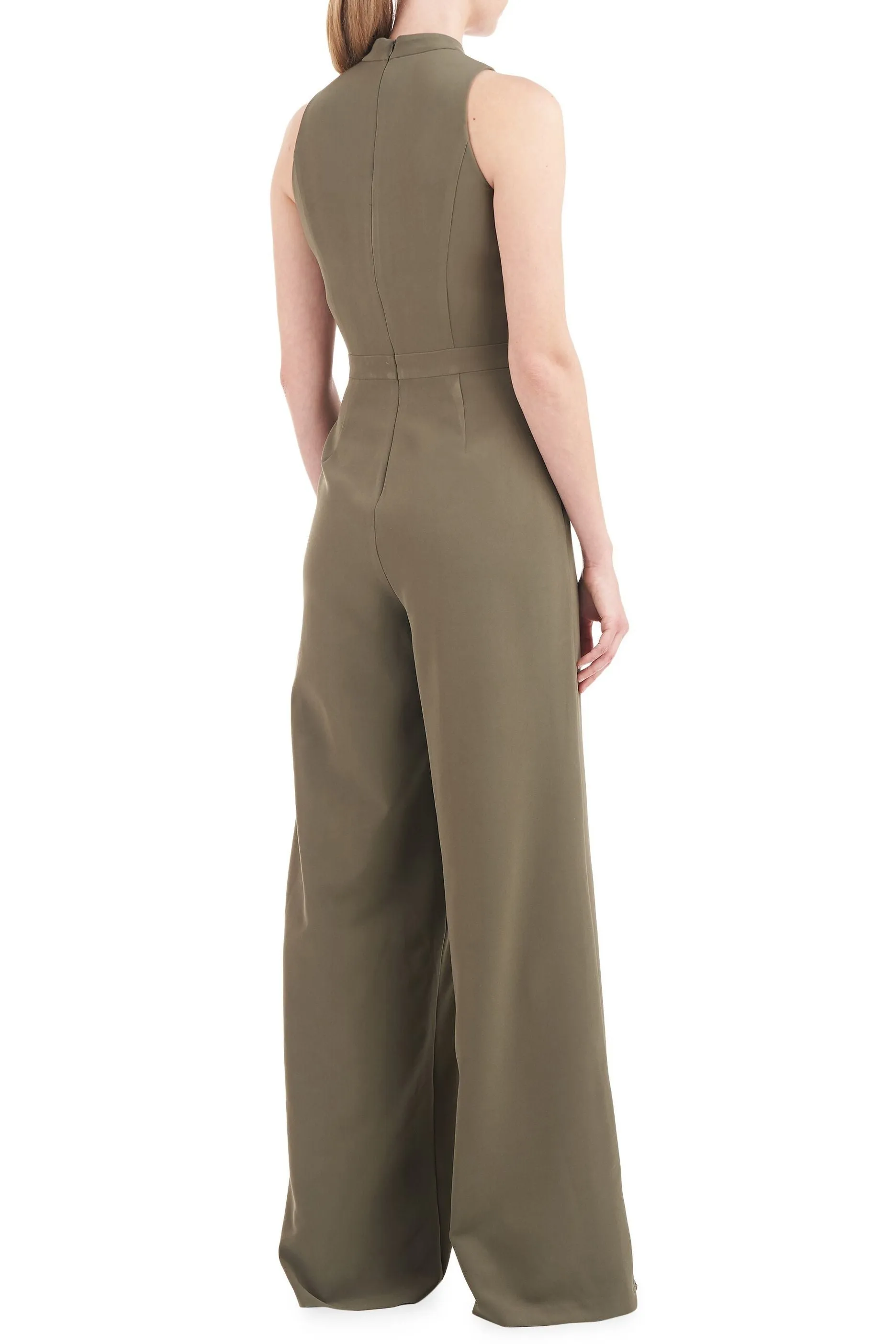 Kay Unger Mockneck Sleeveless Asymmetrical Belted Overlay Wide Leg Stretch Crepe Jumpsuit