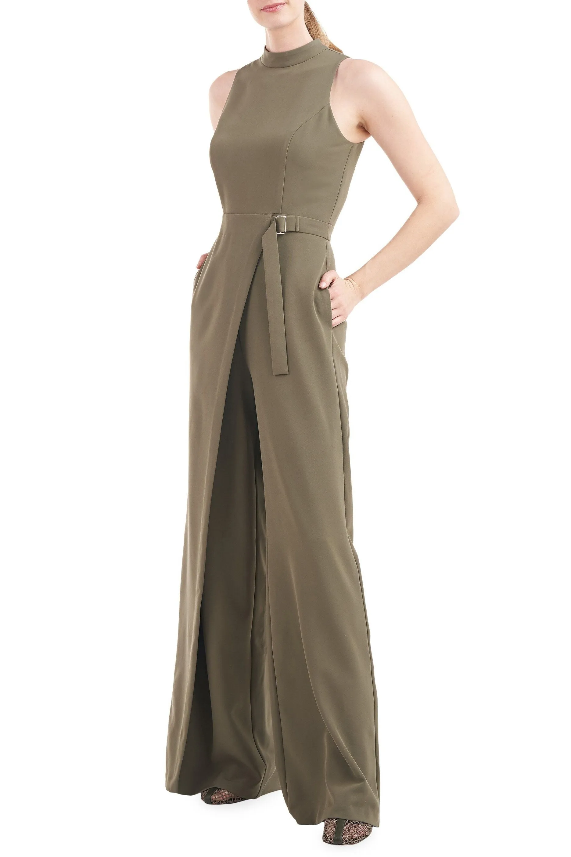 Kay Unger Mockneck Sleeveless Asymmetrical Belted Overlay Wide Leg Stretch Crepe Jumpsuit