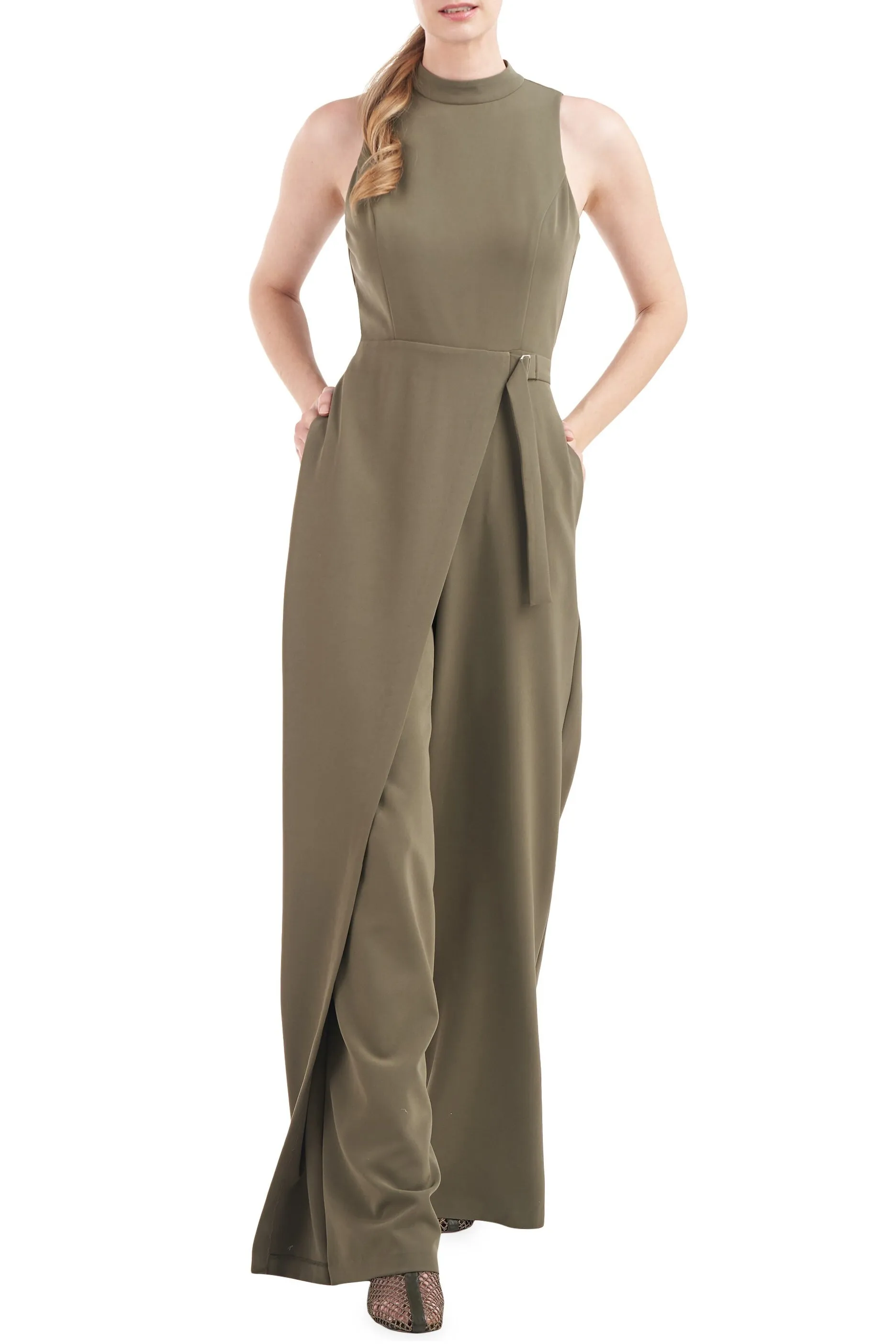 Kay Unger Turtleneck Sleeveless Asymmetrical Belted Overlay Wide Leg Stretch Crepe Jumpsuit