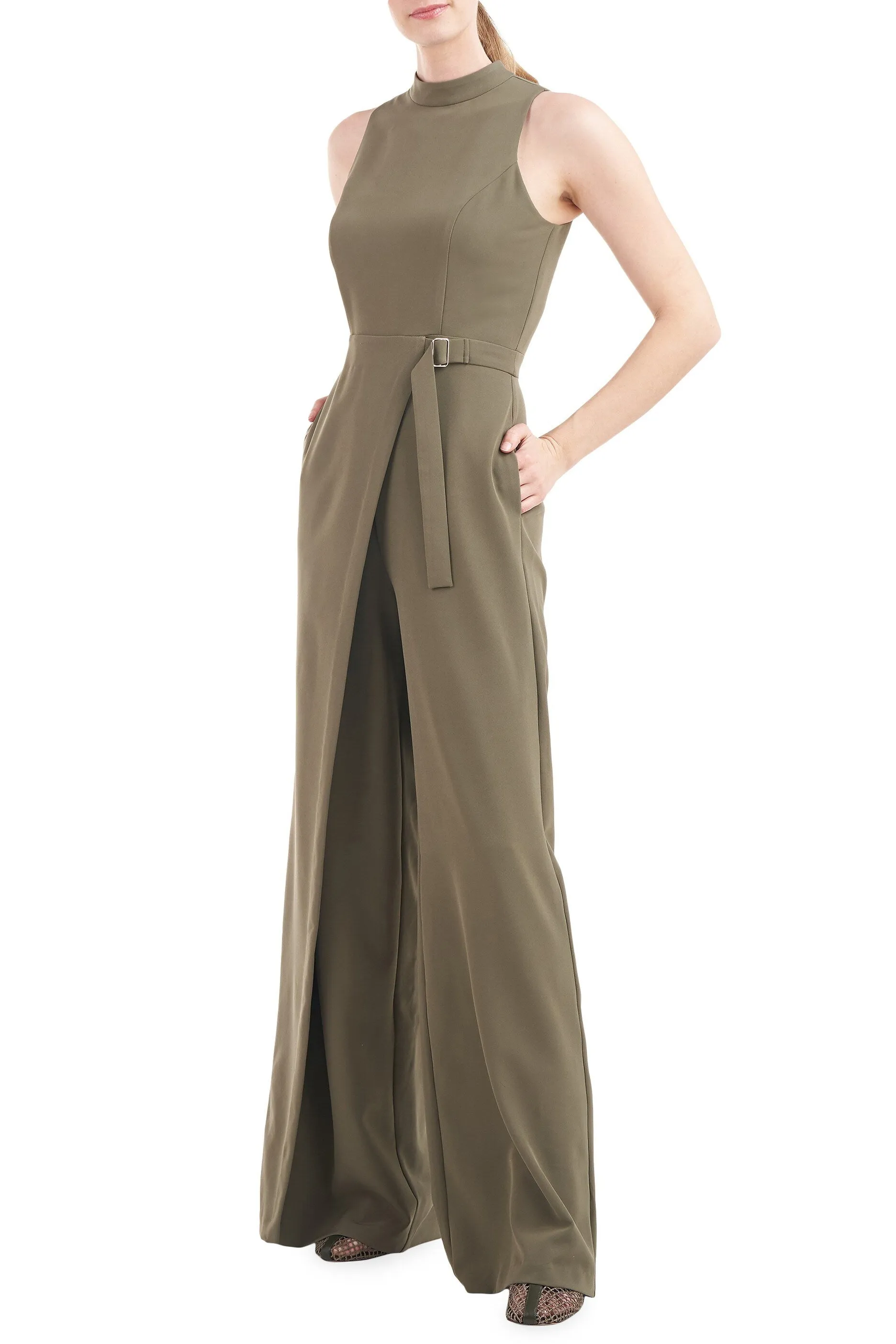 Kay Unger Turtleneck Sleeveless Asymmetrical Belted Overlay Wide Leg Stretch Crepe Jumpsuit