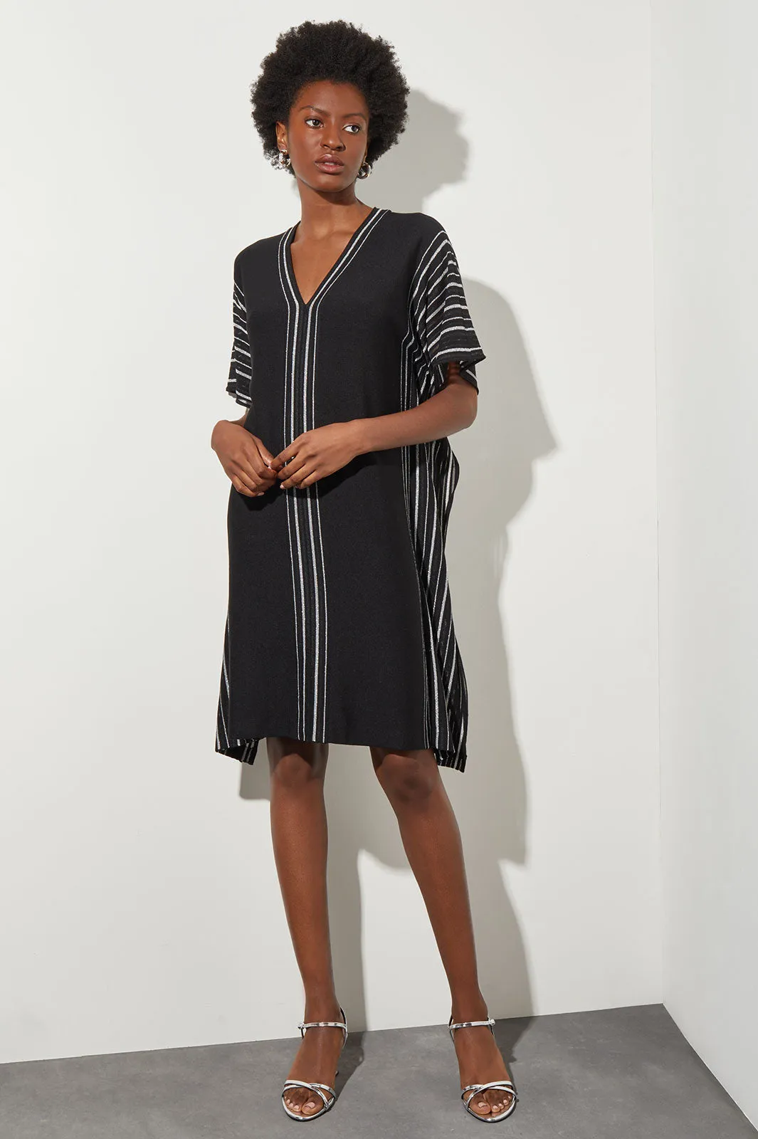 Knee Length Shift Dress - V-Neck Stripe Soft Knit