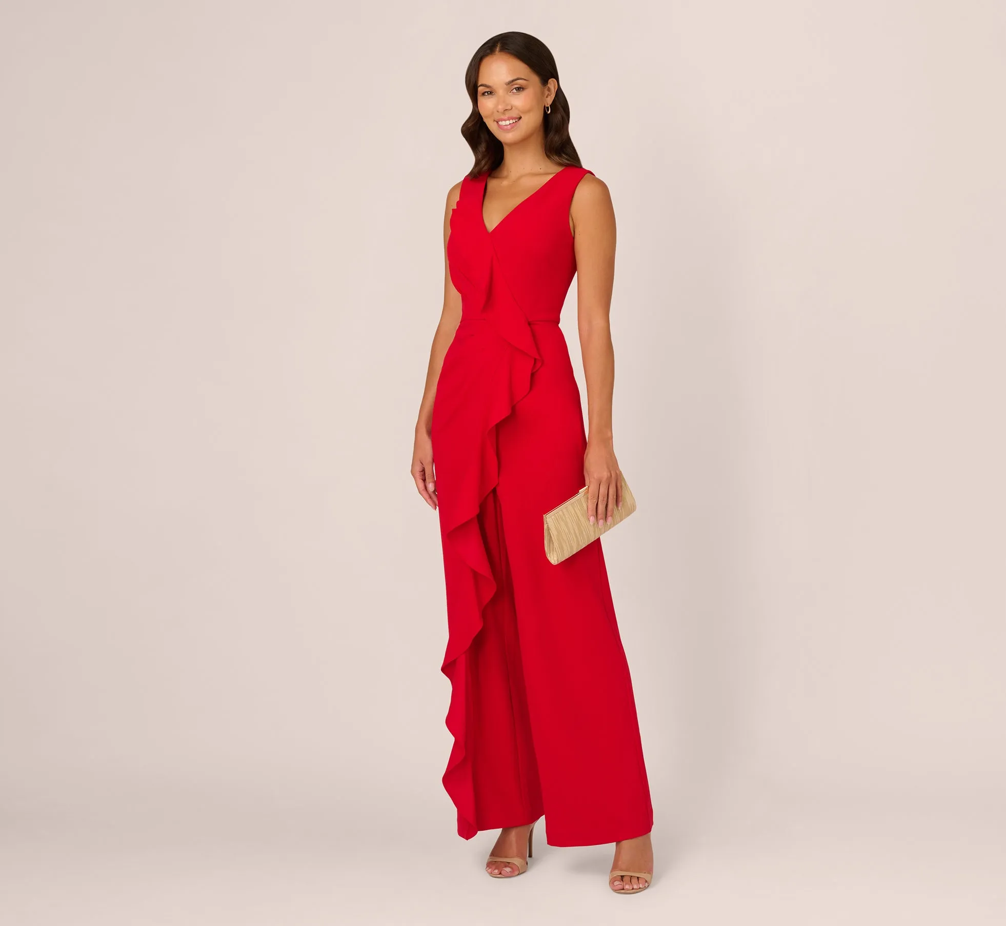 Knit Crepe Ruffle Jumpsuit In Super Red