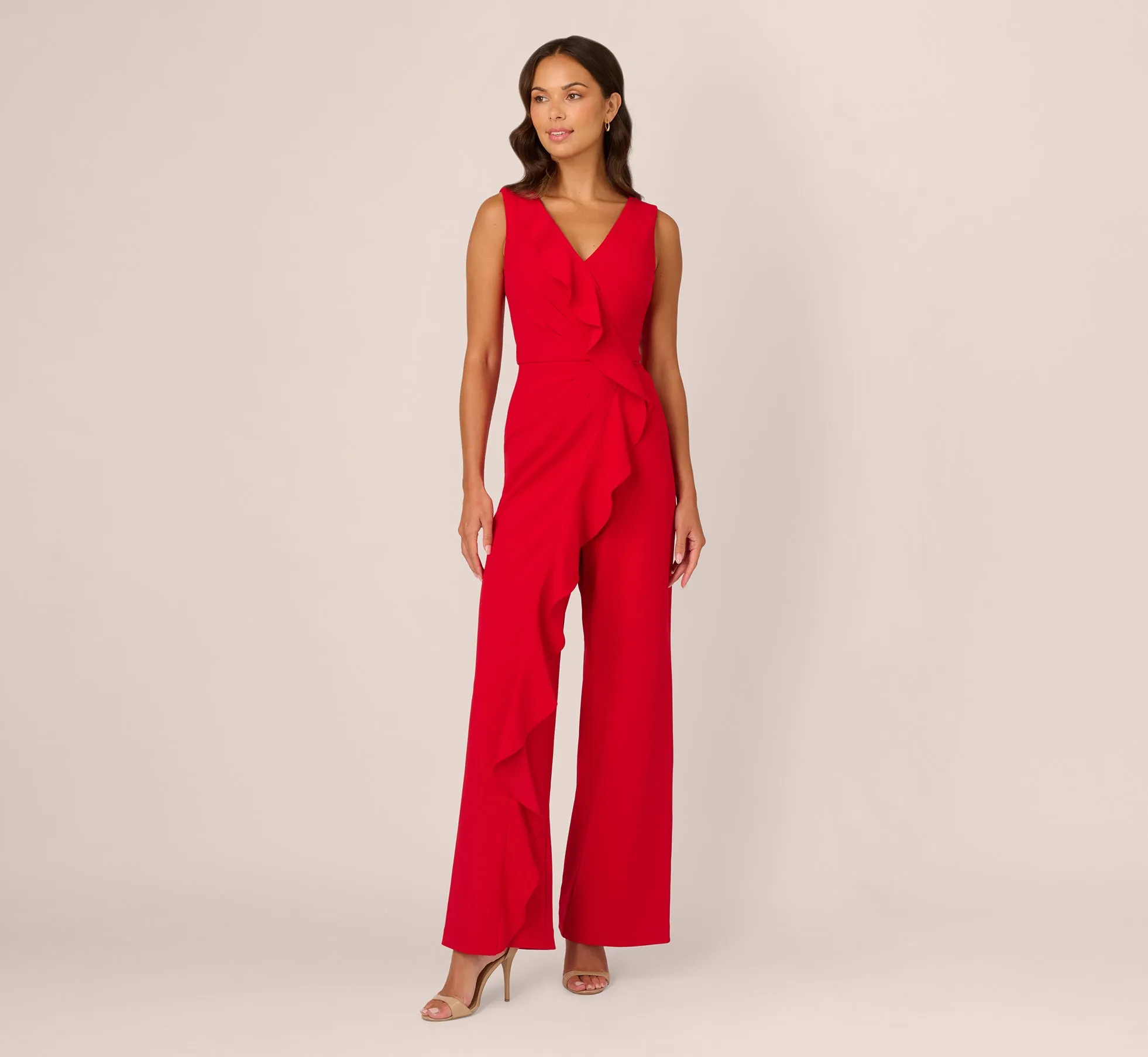 Knit Crepe Ruffle Jumpsuit In Super Red