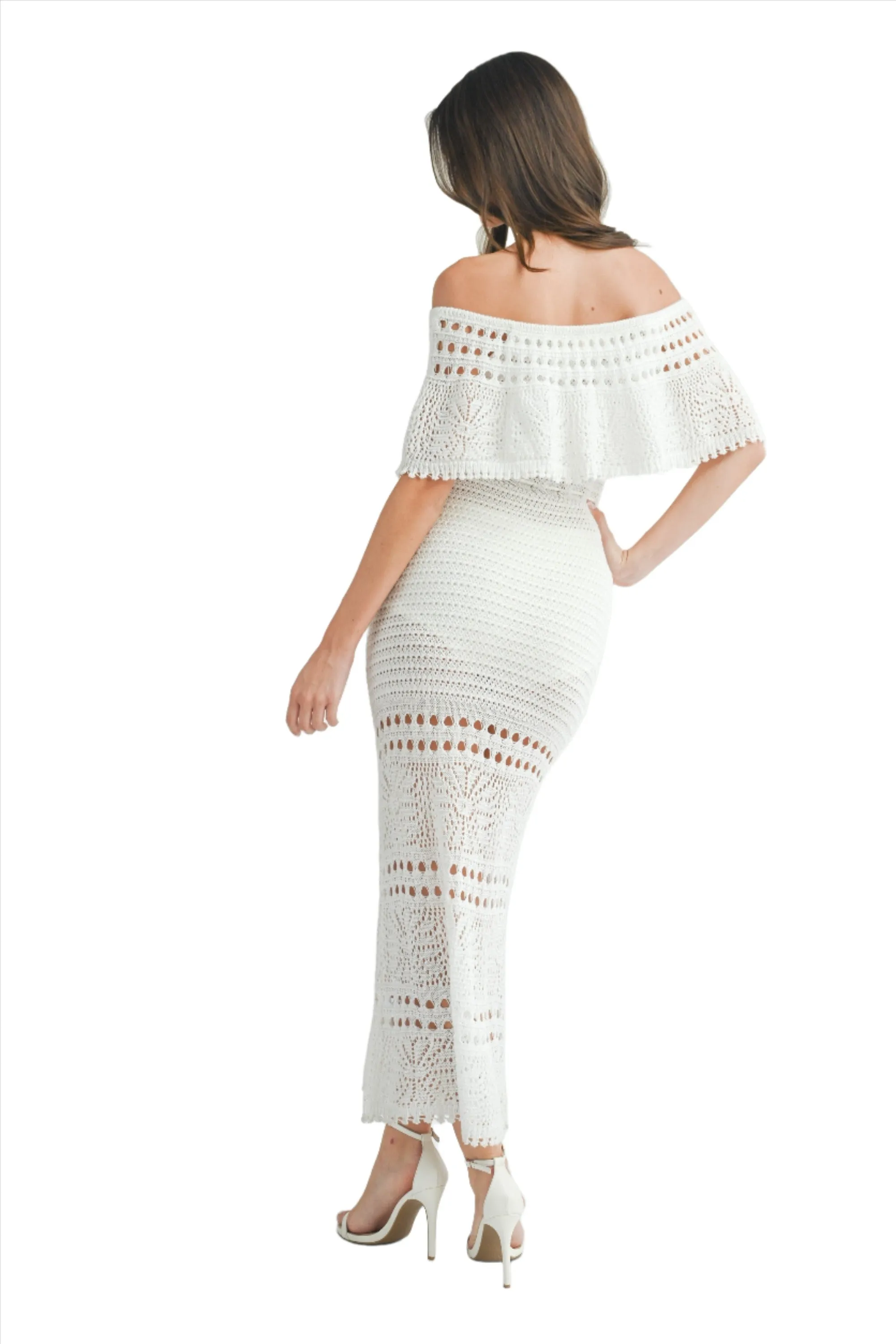 KNIT CROCHET OFF SHOULDER MAXI DRESS