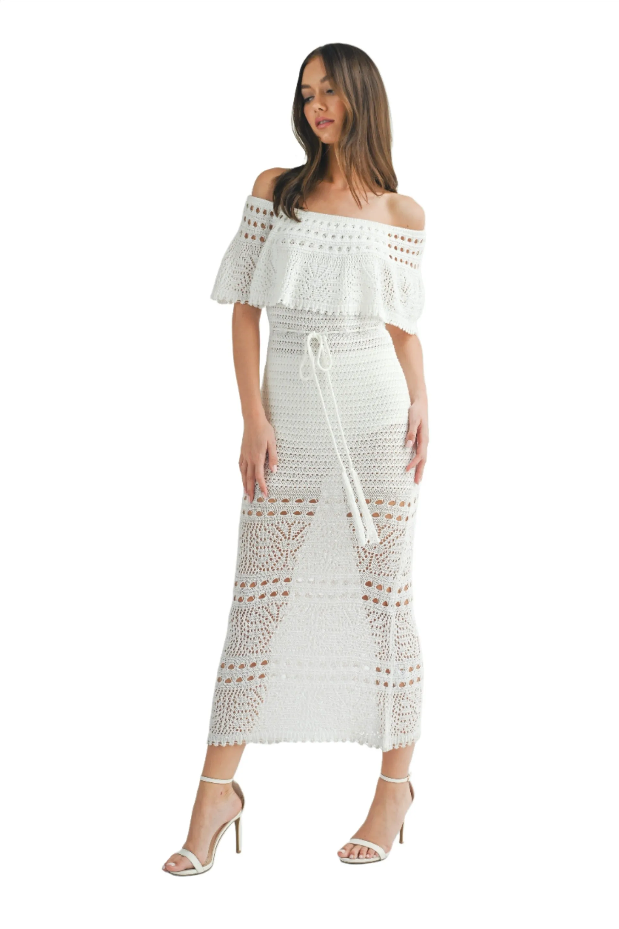 KNIT CROCHET OFF SHOULDER MAXI DRESS