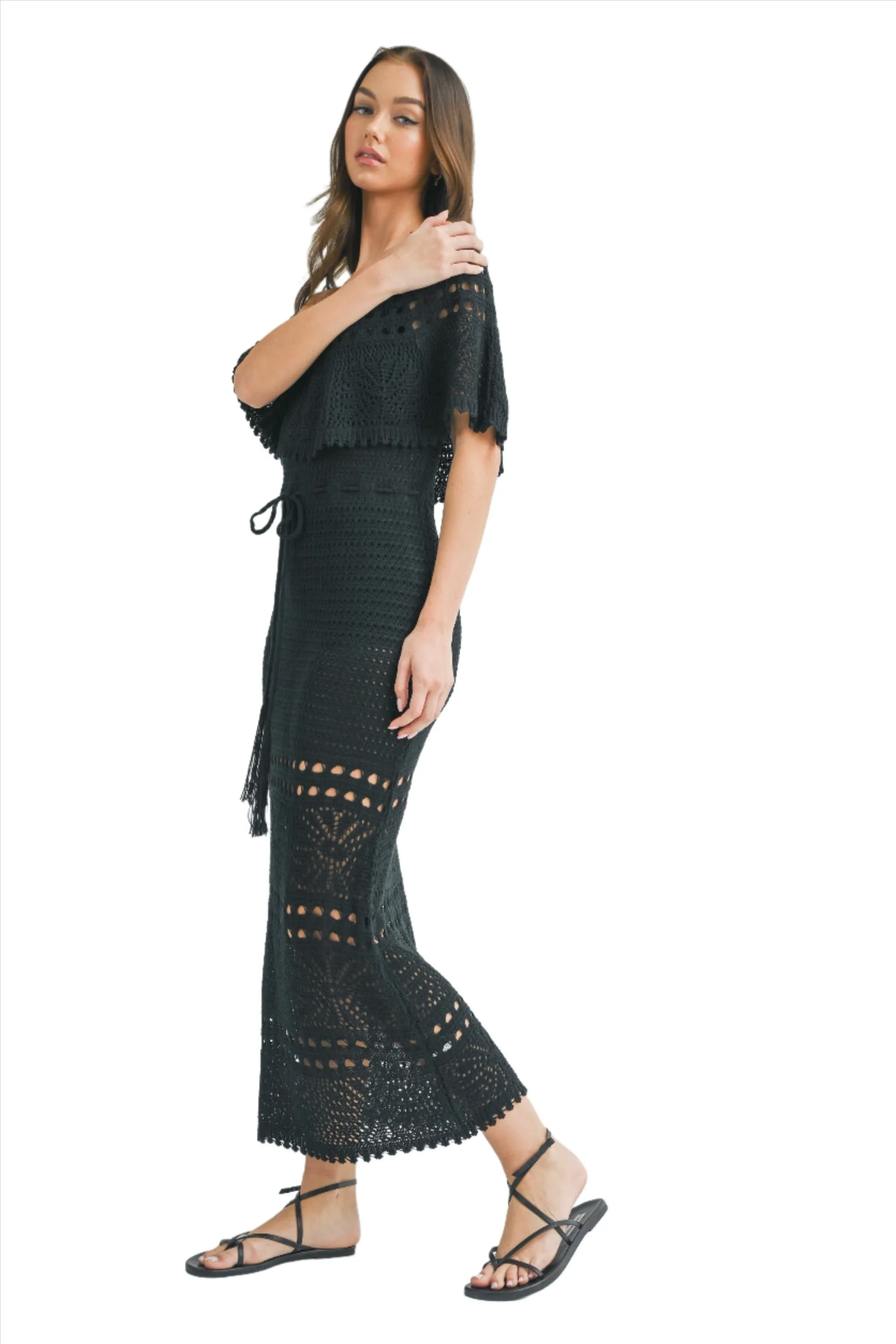 KNIT CROCHET OFF SHOULDER MAXI DRESS