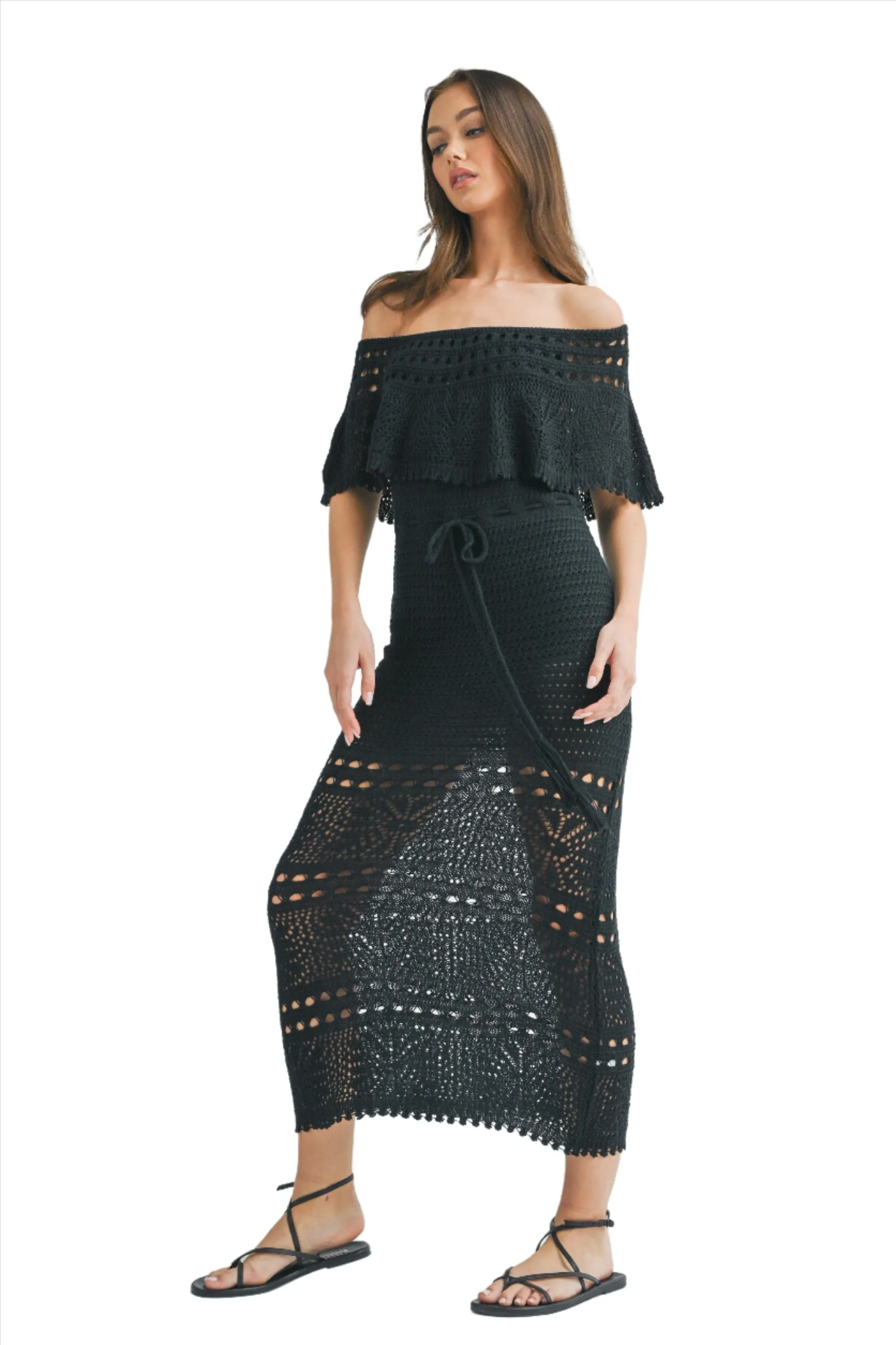 KNIT CROCHET OFF SHOULDER MAXI DRESS