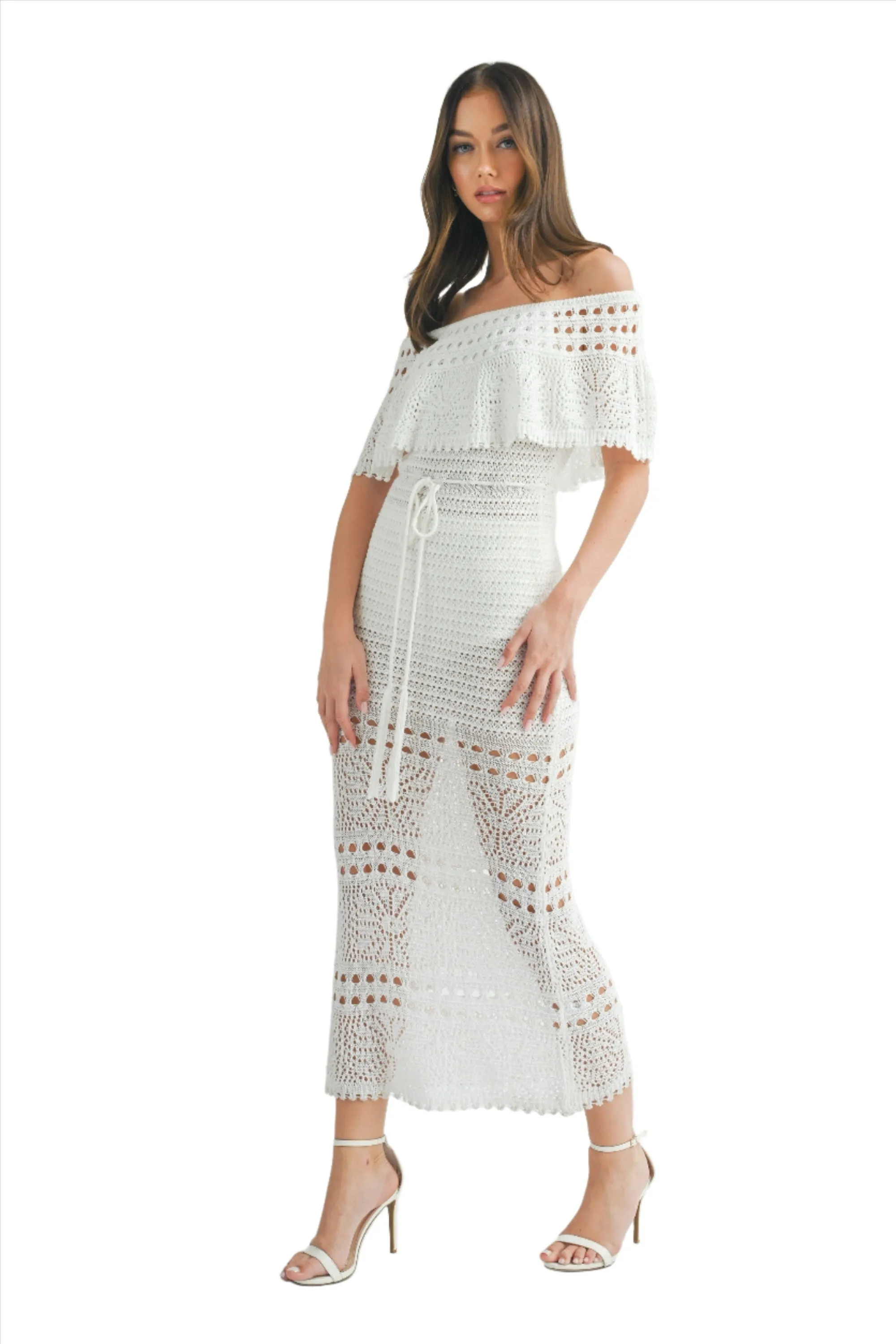 KNIT CROCHET OFF SHOULDER MAXI DRESS