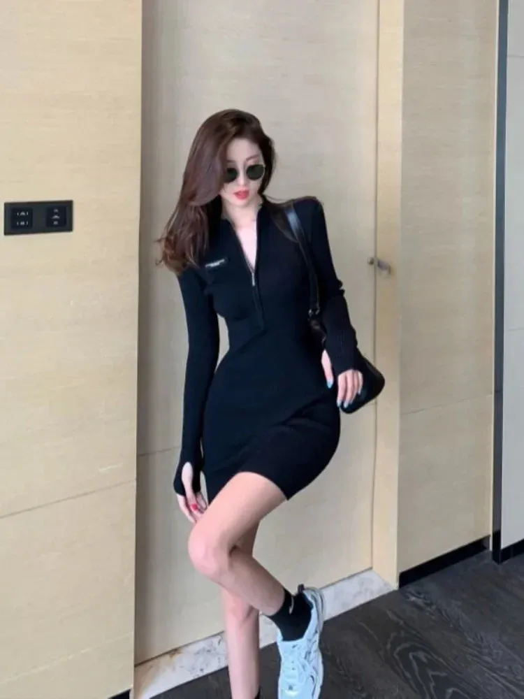 Knitted Black Dress for Women Sexy Bodycon Wrap Slim Short Dresses Party Fashion Korean Kpop Autumn Outfits