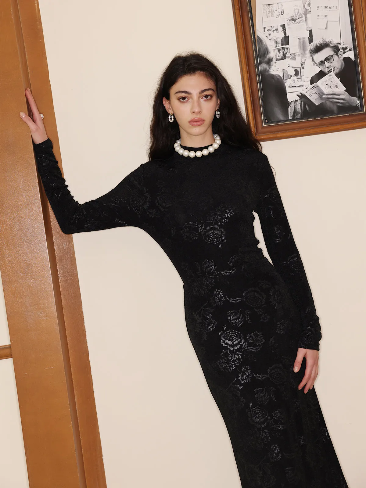 Knitted Floral Embossed Turtleneck Jumpsuit & Skirt 2 Pieces Set