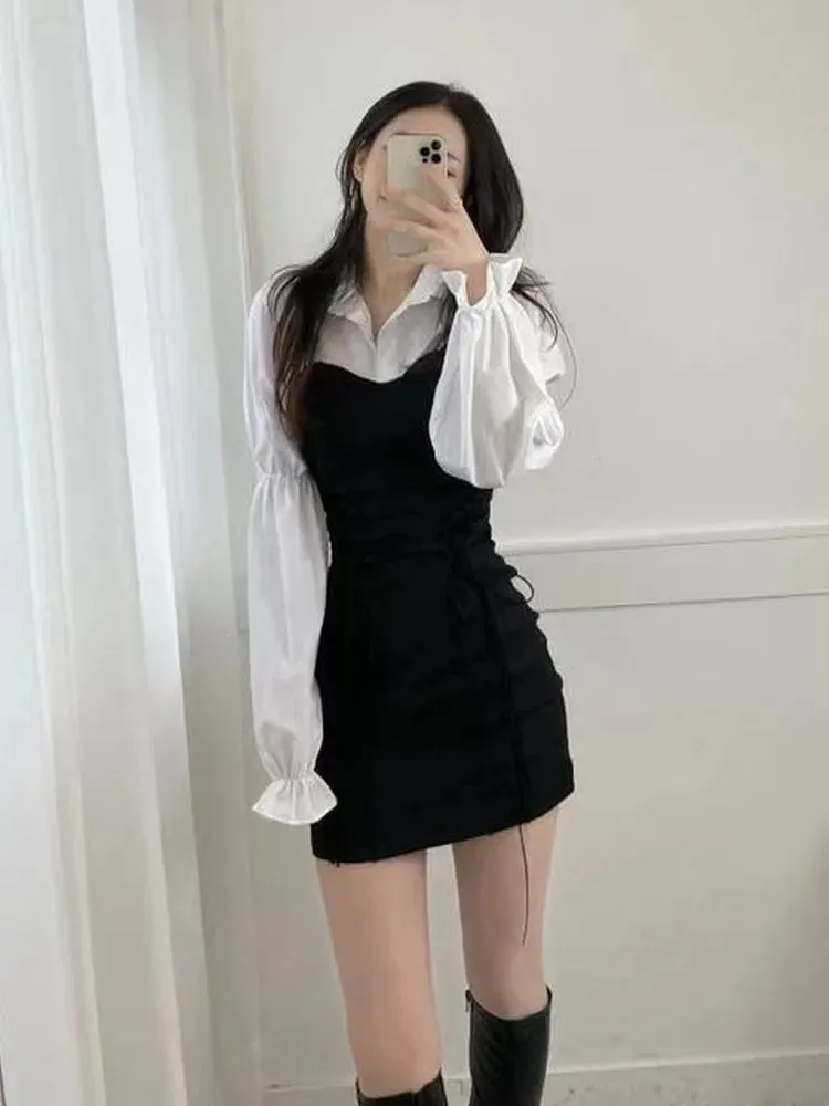 Korean Bandage Bodycon Dress Women Vintage Kpop Wrap Short Dresses Casual Long Sleeve Spring Chic Slim Robes Female