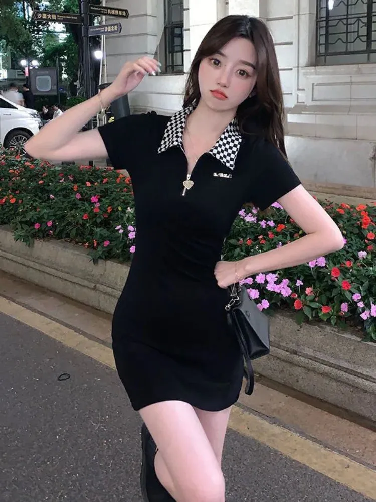 Korean Black Plaid Dress Women Kpop Polo Collar Bodycon Wrap Mini Short Dresses Fashion Sheath Slim Outfits