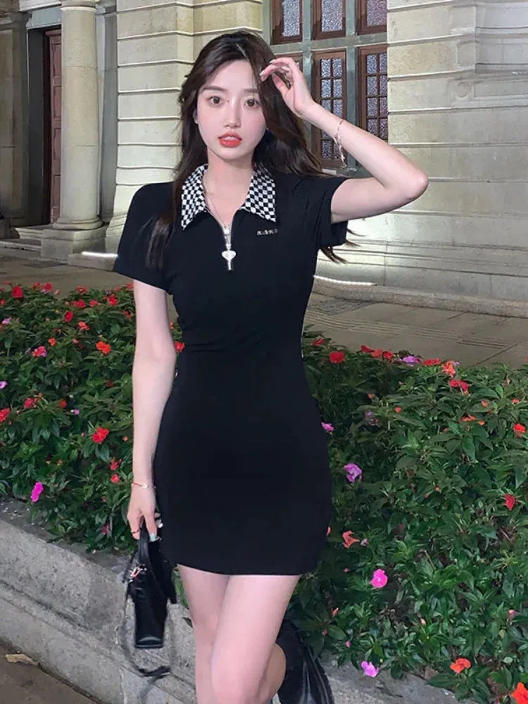 Korean Black Plaid Dress Women Kpop Polo Collar Bodycon Wrap Mini Short Dresses Fashion Sheath Slim Outfits