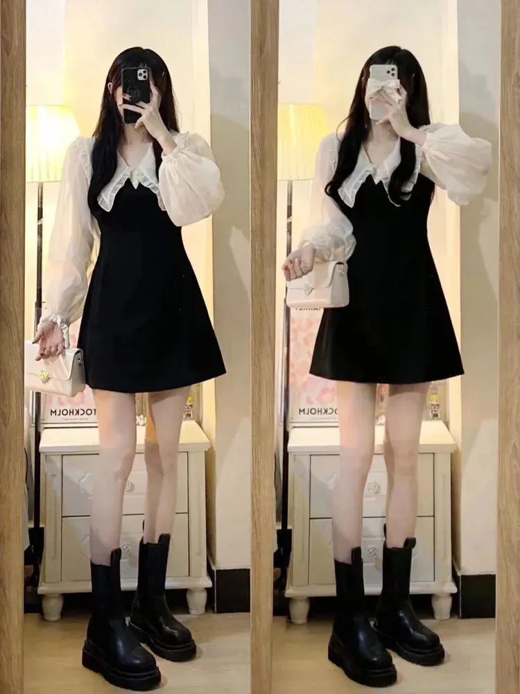 Korean Style Kpop Peter Pan Collar Dress Women Elegant Wrap Bodycon Black Mini Short Dresses Autumn Vestidos Female