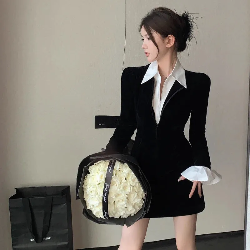 Korean Velvet Shirt Dress Women Kpop Black Elegant Sexy Zipper Sexy Bodycon Wrap Y2k Party Short Dresses  Spring