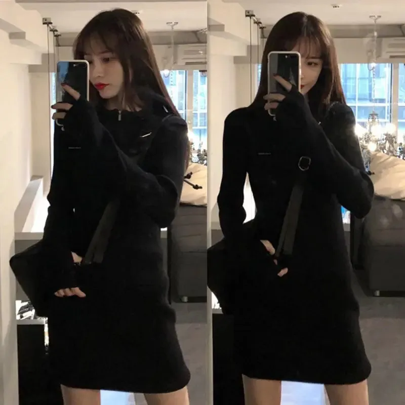 Korean Zip Knitted Bodycon Mini Dress Women Spring Autumn Kpop Casual Wrap Zipper Short Dresses