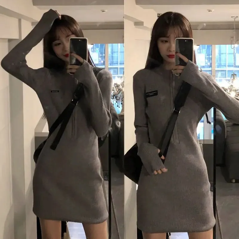 Korean Zip Knitted Bodycon Mini Dress Women Spring Autumn Kpop Casual Wrap Zipper Short Dresses