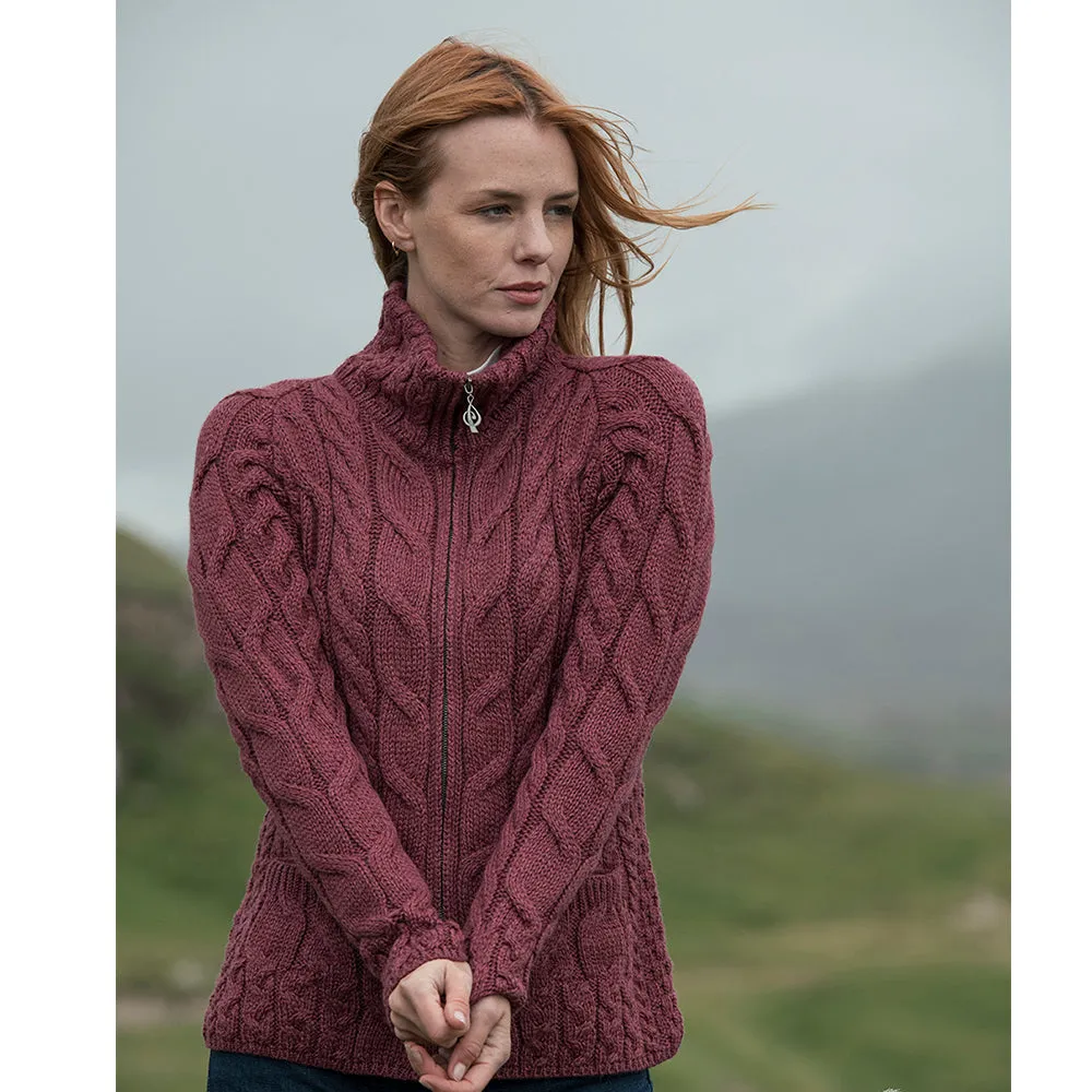 Ladies Merino Wool Cable Sweater: Raspberry Red