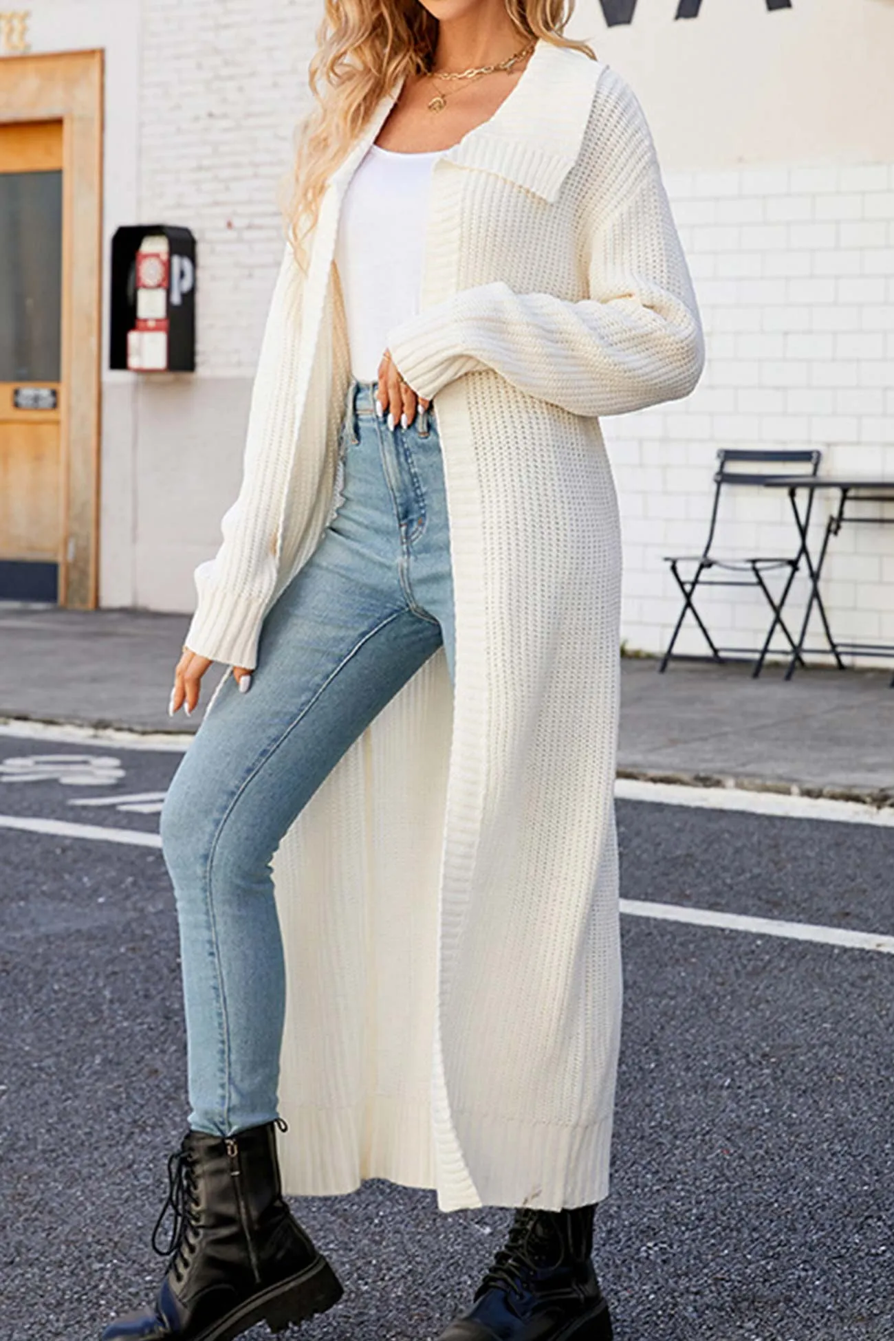 Lapel Ribbed Knit Open Front Cardigan