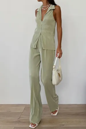 Lapel Sleeveless Cardigan Two-piece Pants Set