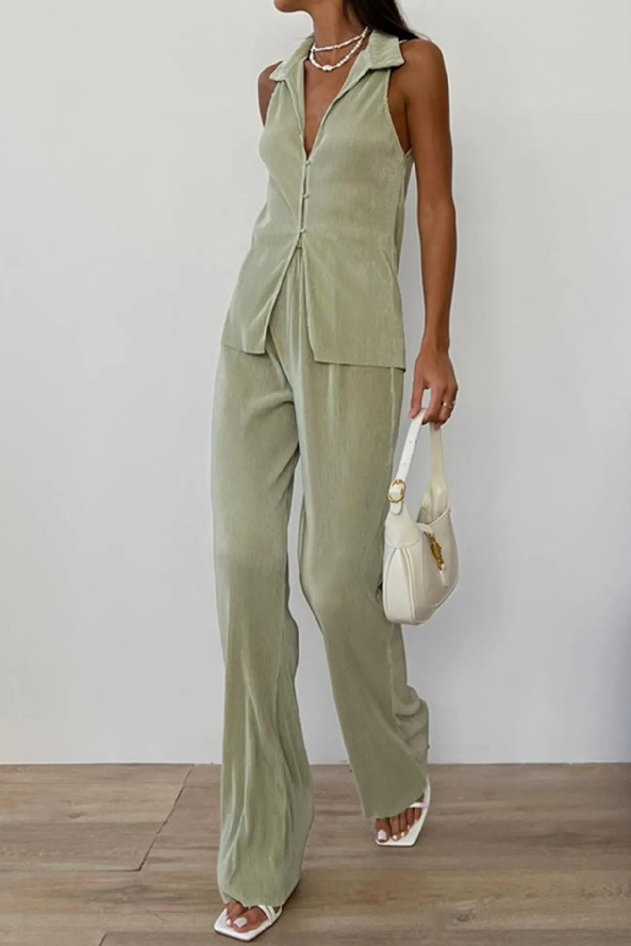 Lapel Sleeveless Cardigan Two-piece Pants Set