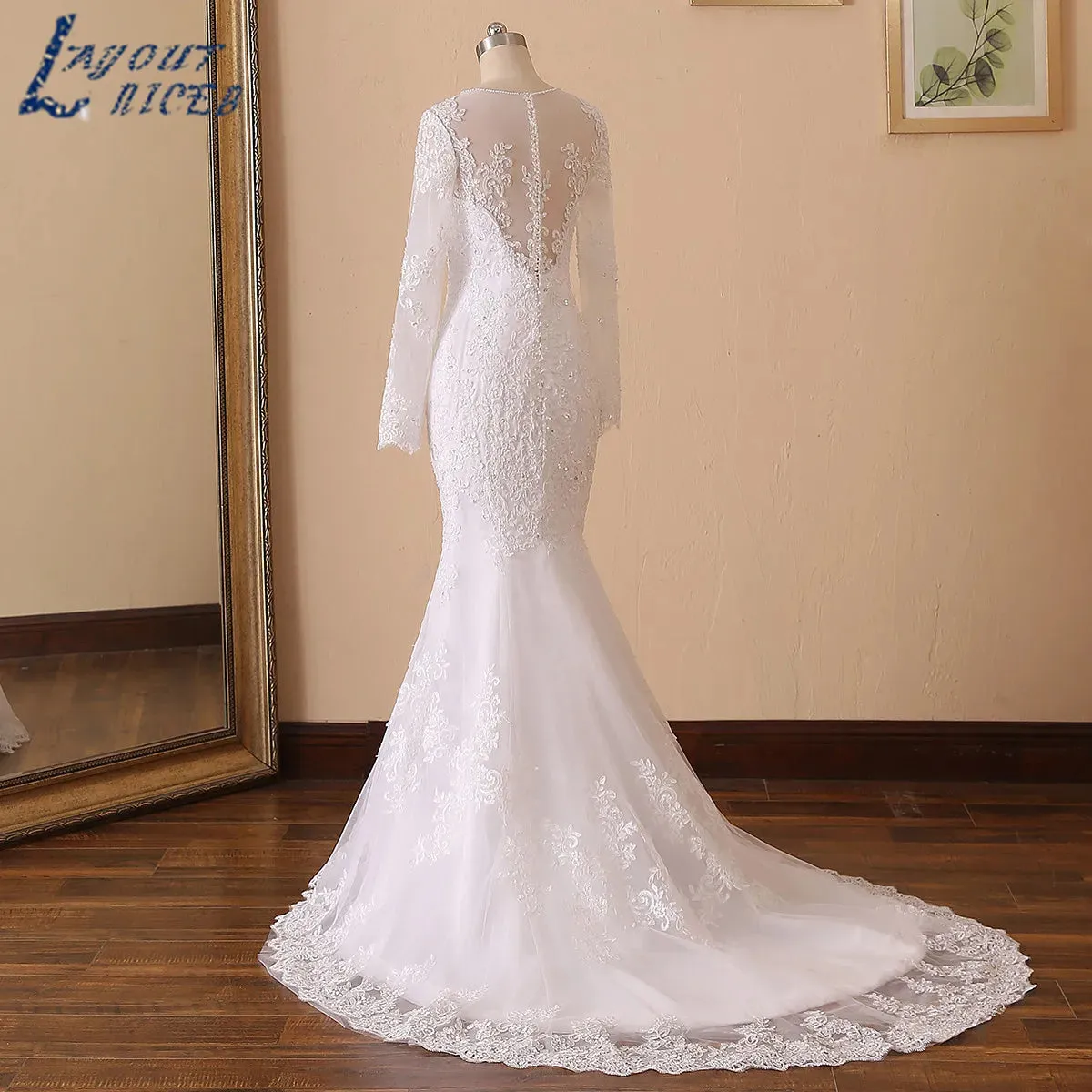 LAYOUT NICEB Mermaid Wedding Dresses Illusion Back Vestido De Noiva Long Sleeve Beads O Neck Lace Appliques Bride Bridal Gowns