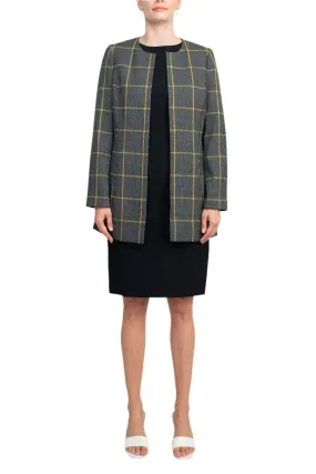 Le Suit Boat Neck Sleeveless Zipper Back Crepe Dress with Crew Neck Long Sleeve Large Windowpane Pattern Jacket (Two Piece Set)