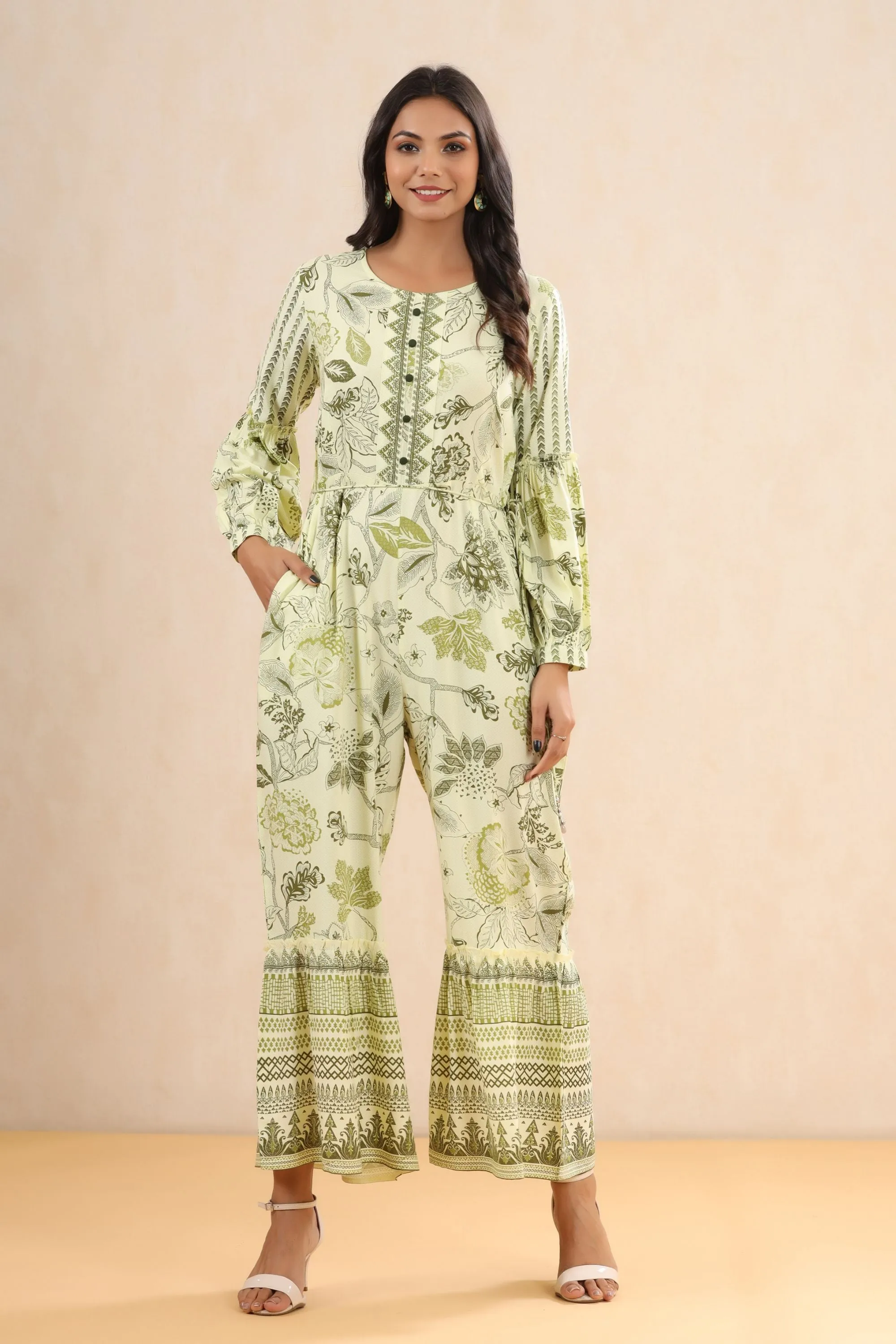 Light Olive Rayon Printed Jumpsuit