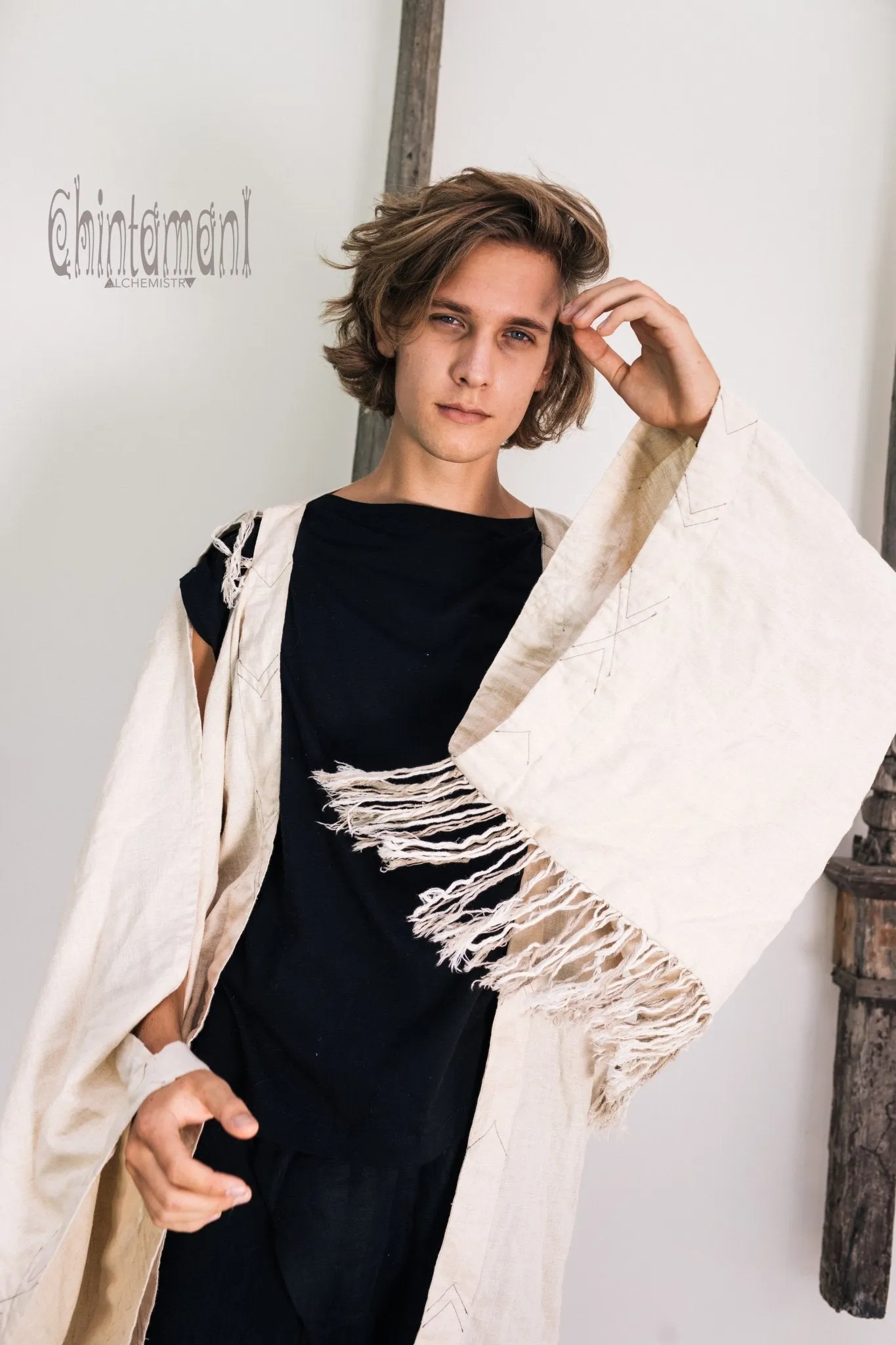 Linen Fringe Kimono Cardigan for Men / Off White Cream