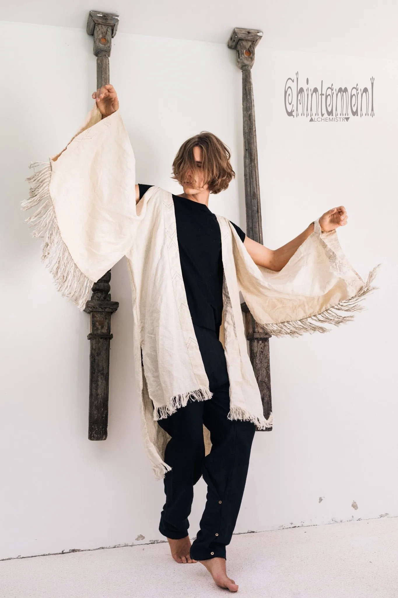 Linen Fringe Kimono Cardigan for Men / Off White Cream