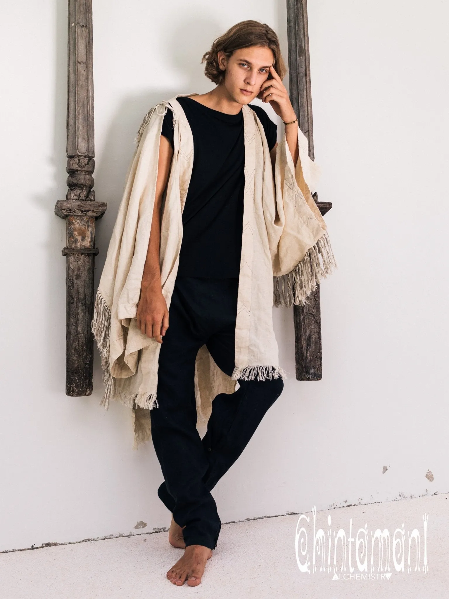 Linen Fringe Kimono Cardigan for Men / Off White Cream