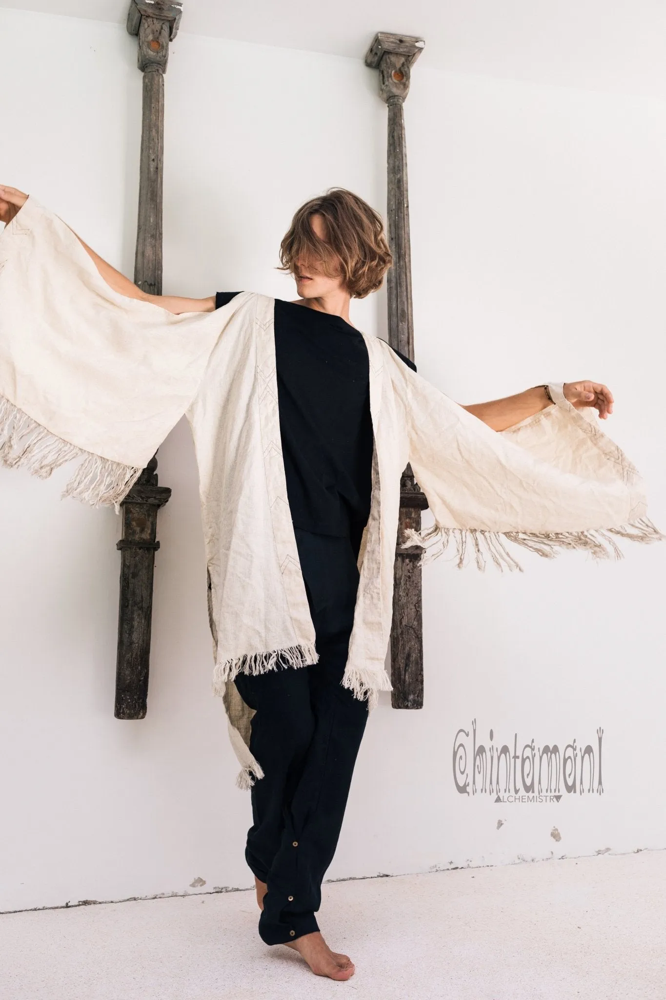 Linen Fringe Kimono Cardigan for Men / Off White Cream